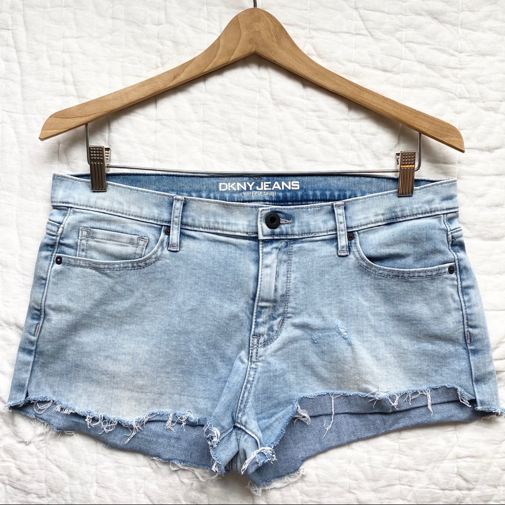DKNY light wash distressed cut off denim shorts 8